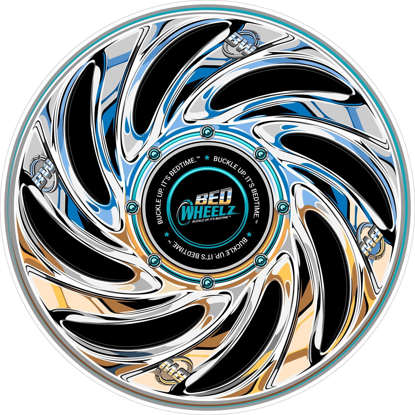 BedWheelz Chrome Spinner wheel disc on a bed frame post
