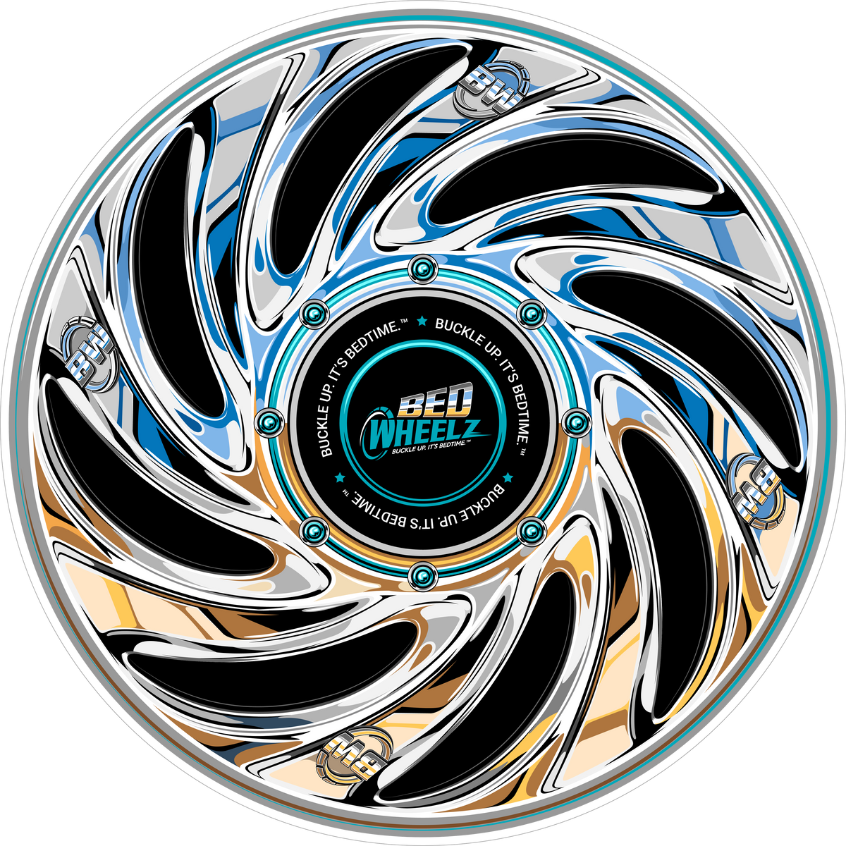 BedWheelz Chrome Spinner wheel disc on a bed frame post