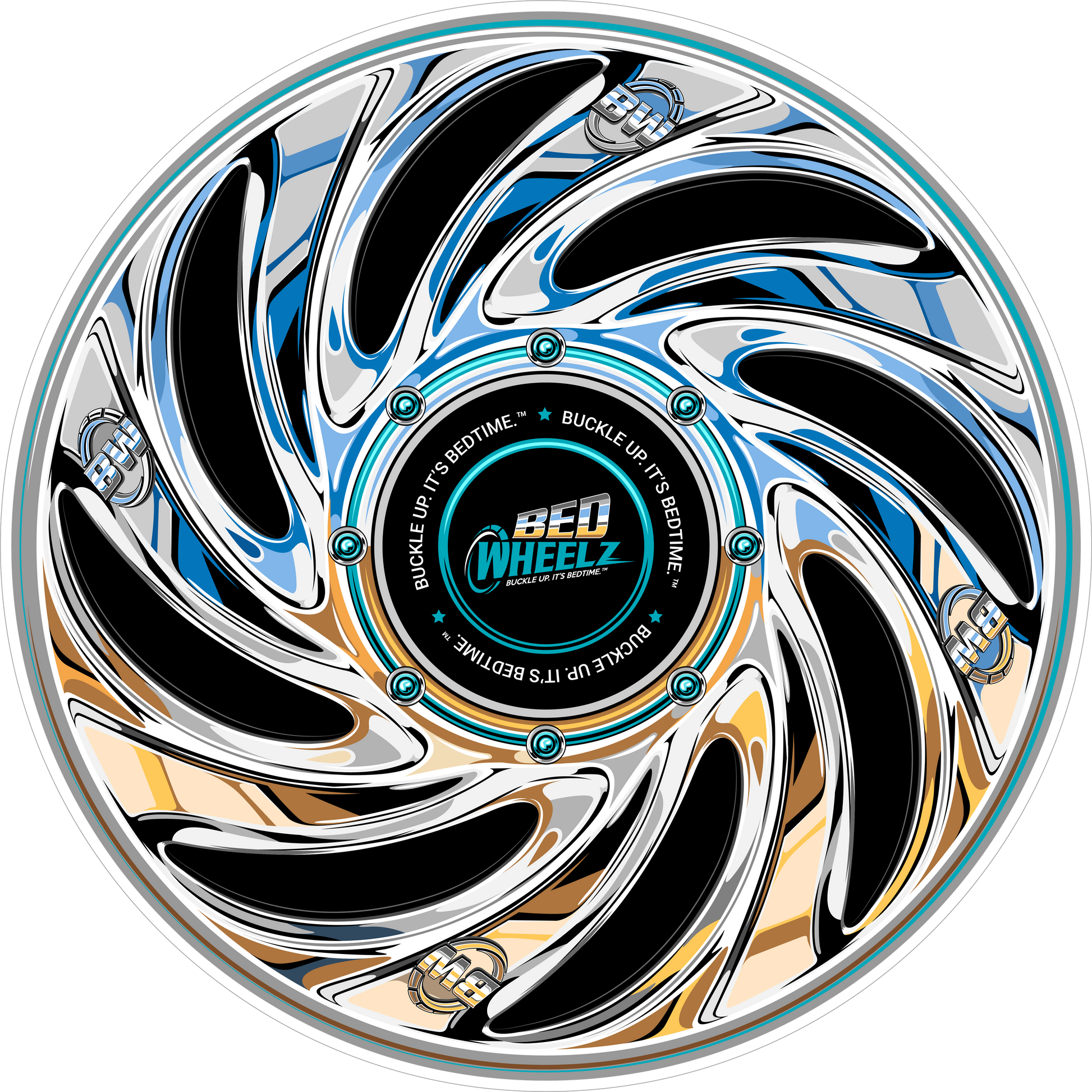BedWheelz Chrome Spinner wheel disc on a bed frame post