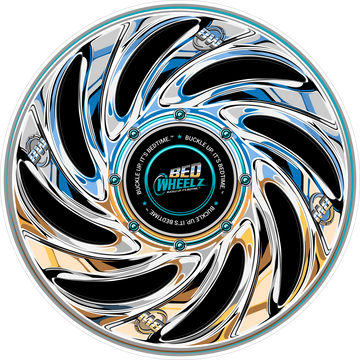 BedWheelz Chrome Spinner wheel disc on a bed frame post