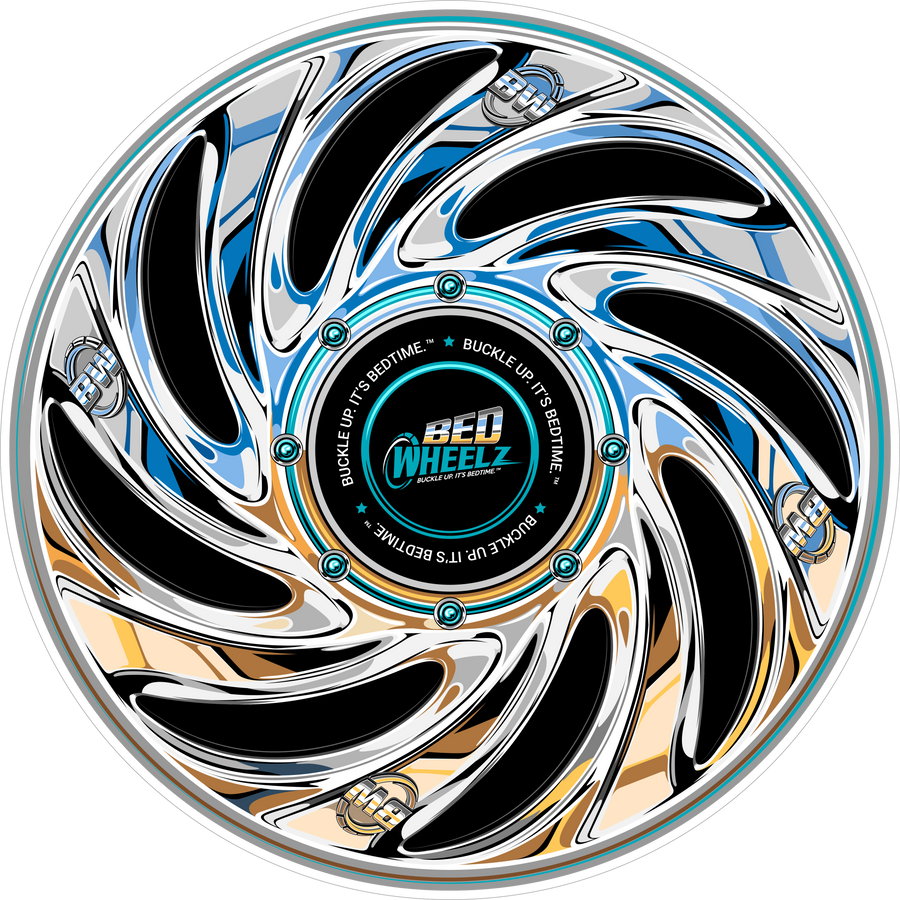 BedWheelz Chrome Spinner wheel disc on a bed frame post