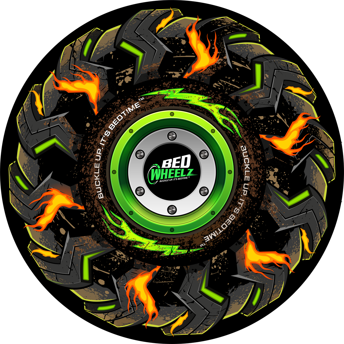 BedWheelz Monster Truck spinning wheel disc on a bed frame post