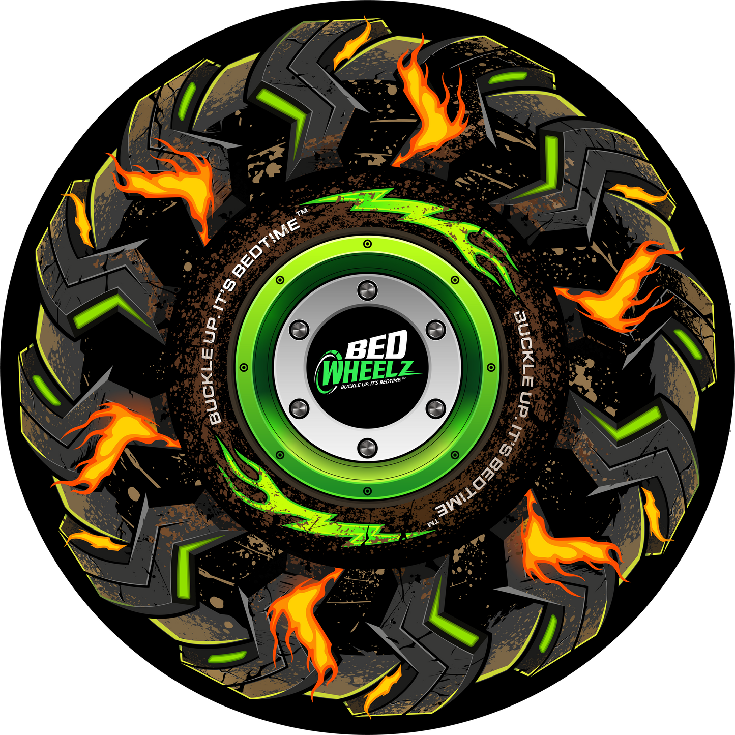 BedWheelz Monster Truck spinning wheel disc on a bed frame post