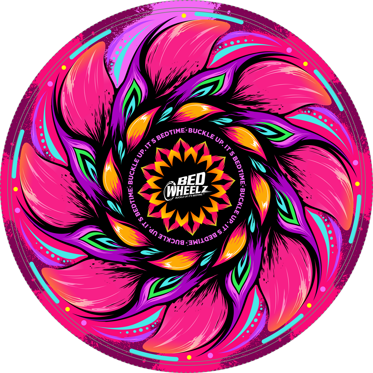 BedWheelz Petal Power flower spinning wheel disc on a bed frame post