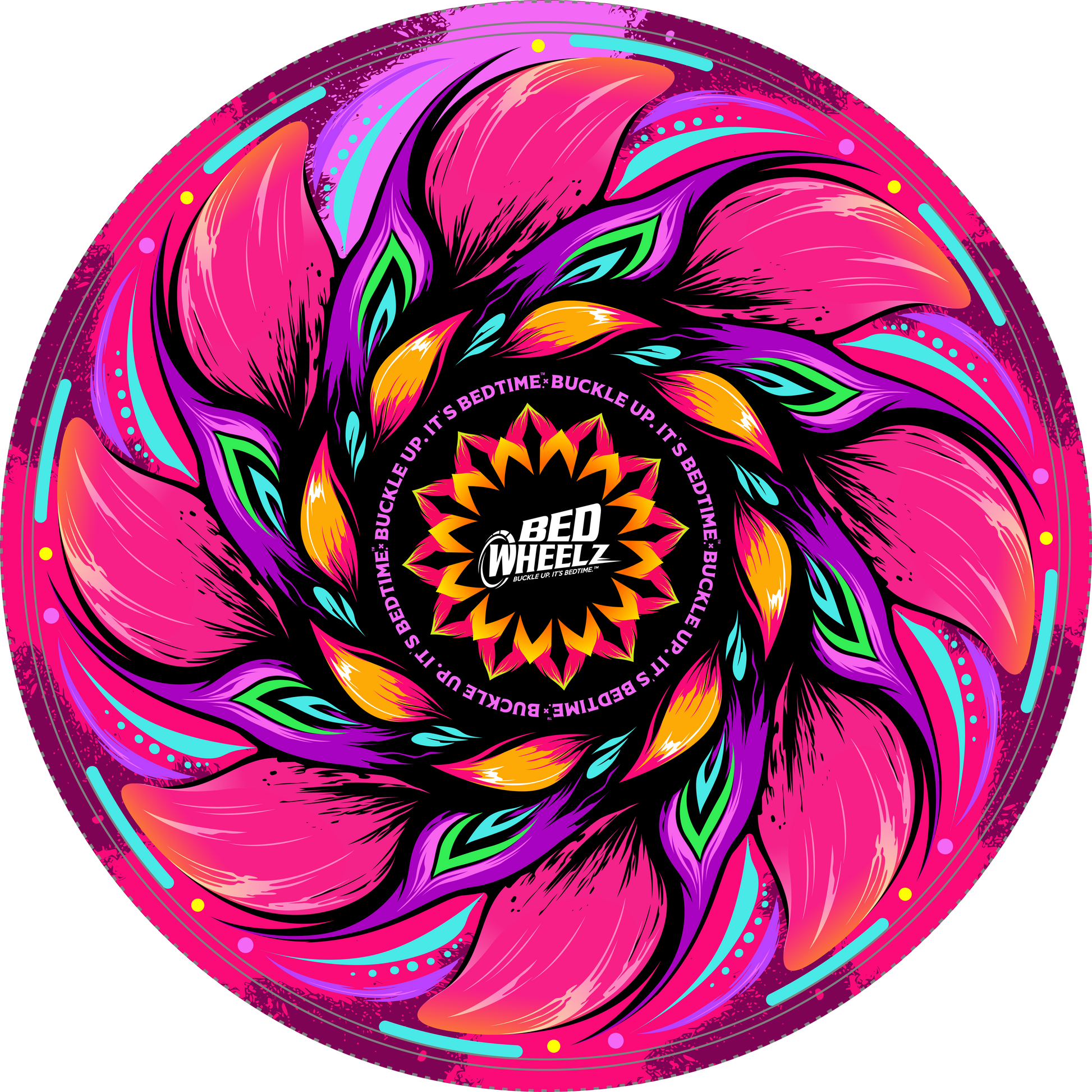 BedWheelz Petal Power flower spinning wheel disc on a bed frame post