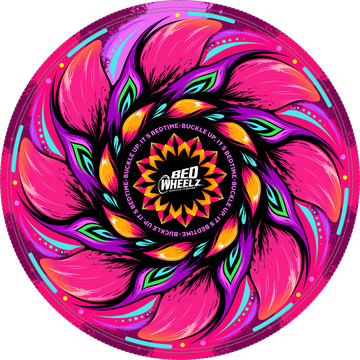 BedWheelz Petal Power flower spinning wheel disc on a bed frame post