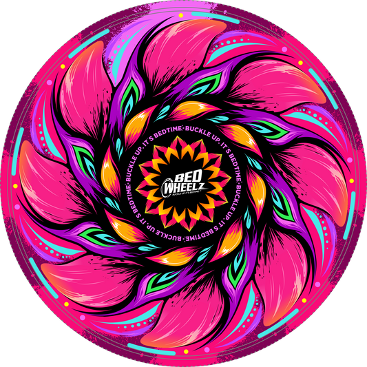 BedWheelz Petal Power flower spinning wheel disc on a bed frame post