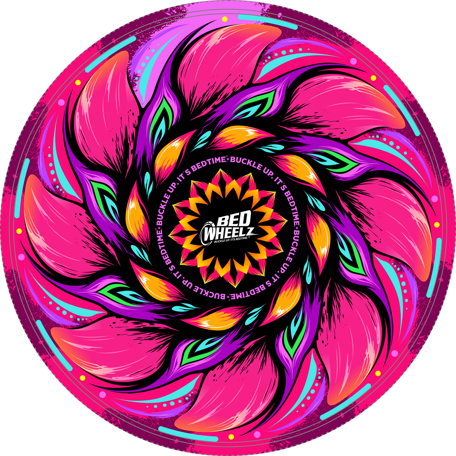 BedWheelz Petal Power flower spinning wheel disc on a bed frame post