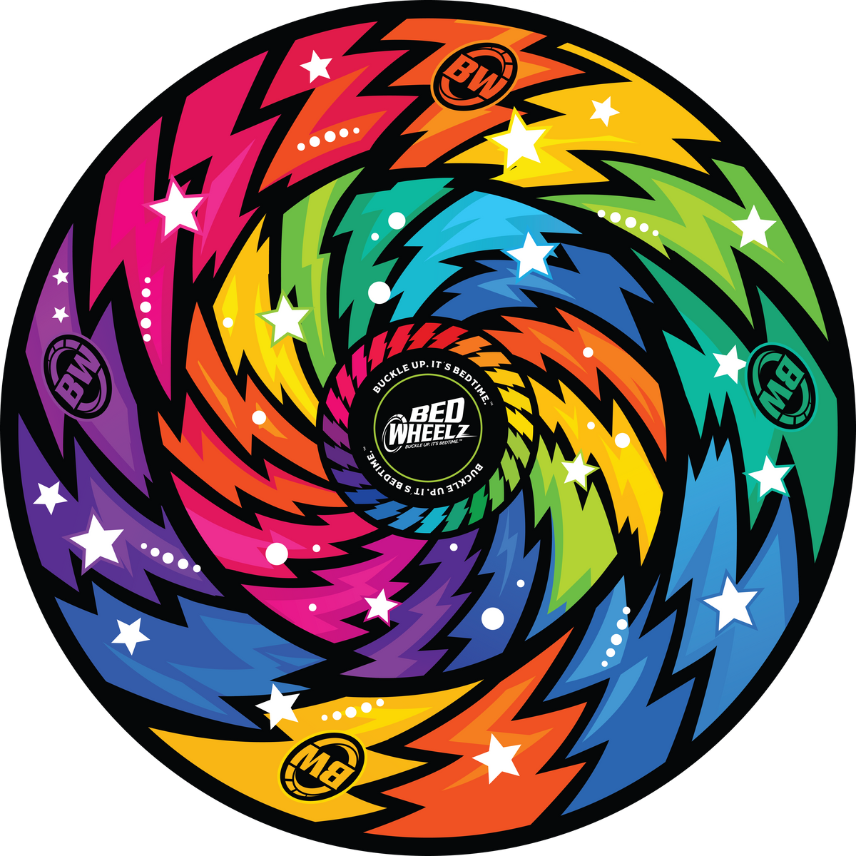 BedWheelz Wild Ride rainbow spinning wheel disc on a bed frame post