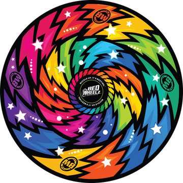 BedWheelz Wild Ride rainbow spinning wheel disc on a bed frame post