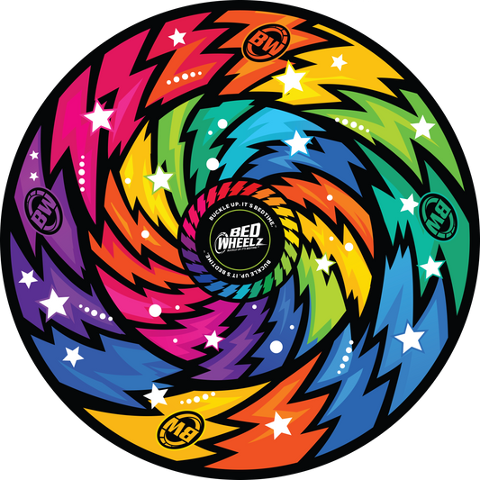 BedWheelz Wild Ride rainbow spinning wheel disc on a bed frame post
