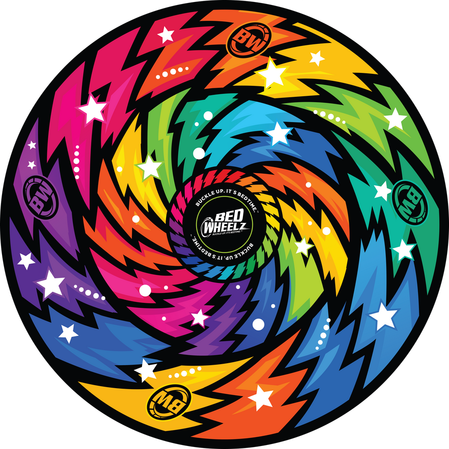 BedWheelz Wild Ride rainbow spinning wheel disc on a bed frame post